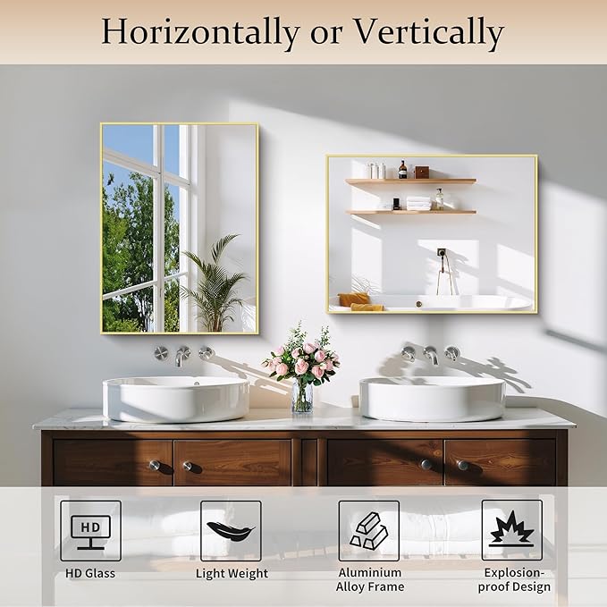 COFENY Gold Bathroom Mirror for Wall, 18x24 Inch Rectangle Mirror with Metal Frame, Modern Vanity Mirrors for Bathroom Living Room, Entryway Hangs Horizontal or Vertical