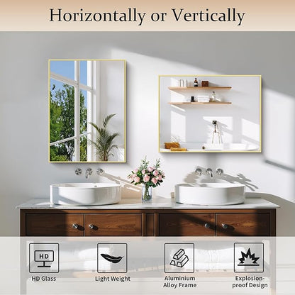 COFENY Gold Bathroom Mirror for Wall, 18x24 Inch Rectangle Mirror with Metal Frame, Modern Vanity Mirrors for Bathroom Living Room, Entryway Hangs Horizontal or Vertical