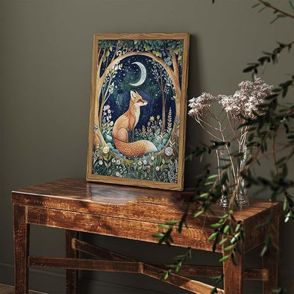 Framed 3D Textured Vintage Wall Art - Cottagecore Hand Drawn Sandstone Fox Paintings Wall Decor, Whimsical Forest Animal Floral Botanical Aesthetic for Bedroom Living Room Nursery 12x16 inch
