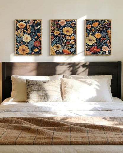 Drsoum Vintage Flower Wall Art Framed Retro Bohemian Boho Colorful Floral Plant Rustic Artwork Nature Botanical Wildflower Prints Bedroom Living Room Ready to Hang 11x14in Natural Framed