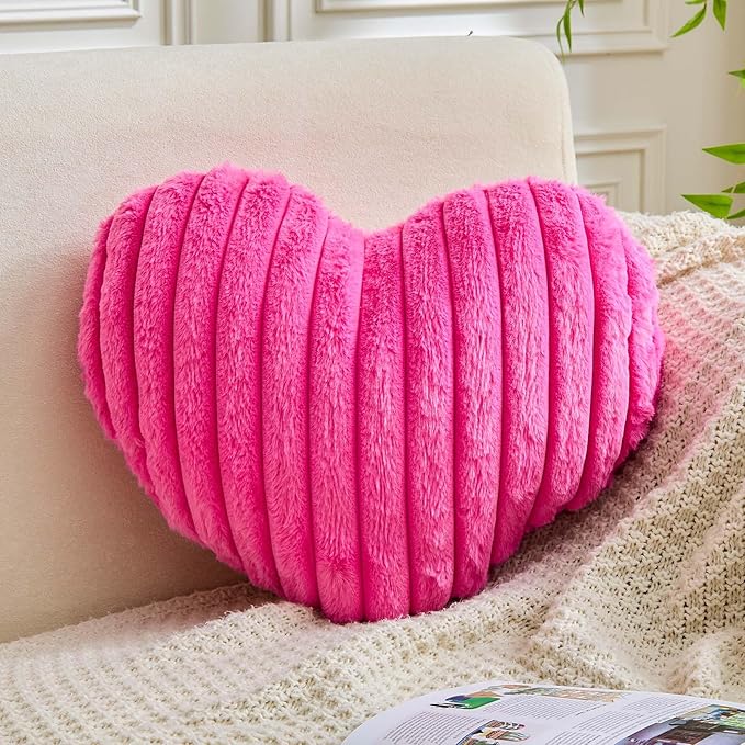 XVTRU Heart Pillows Heart Decorative Pillow Soft Fluffy Heart Shaped Hot Pink Throw Pillows with Faux Rabbit Fur Aesthetic Room Decor Cute Small Pillow for Valentines Mother's Day