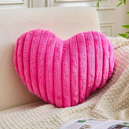 XVTRU Heart Pillows Heart Decorative Pillow Soft Fluffy Heart Shaped Hot Pink Throw Pillows with Faux Rabbit Fur Aesthetic Room Decor Cute Pillow for Valentines Mother's Day