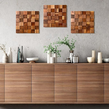 RattanView 3 Pcs 3D Wood Wall Art 11.8'' x 11.8'' Rugged Mosaic Wood Wall Decor Rustic Block Wooden Wall Art Vintage Brick Carved Wall Art for Living Room Bedroom Aesthetic, Ready to Hang