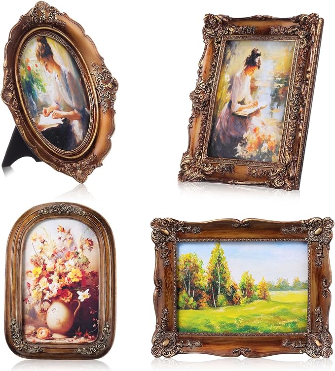 Geetery 4 Pcs Vintage Picture Frames Set, Bronze Ornate Baroque Frames for Gallery Wall, Antique Victorian Decorative Photo Frame for Tabletop or Wall Display, Shabby Cottagecore Home Decor
