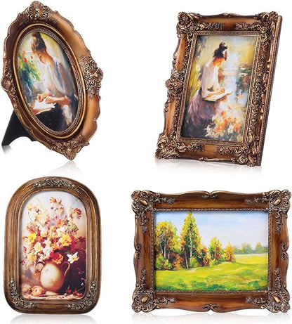 Geetery 4 Pcs Vintage Picture Frames Set, Bronze Ornate Baroque Frames for Gallery Wall, Antique Victorian Decorative Photo Frame for Tabletop or Wall Display, Shabby Cottagecore Home Decor