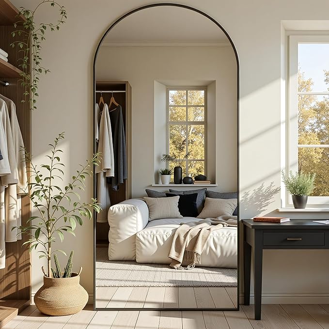 Arched Full Length Mirror 78 x 38 Inch, Full Body Mirror with Stand, Standing Hanging or Leaning Against Wall, Metal Frame Floor Mirror for Bedroom, Living Room, Cloakroom,Black