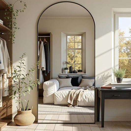 Arched Full Length Mirror 76 x 34 Inch, Full Body Mirror with Stand, Standing Hanging or Leaning Against Wall, Metal Frame Floor Mirror for Bedroom, Living Room, Cloakroom,Black