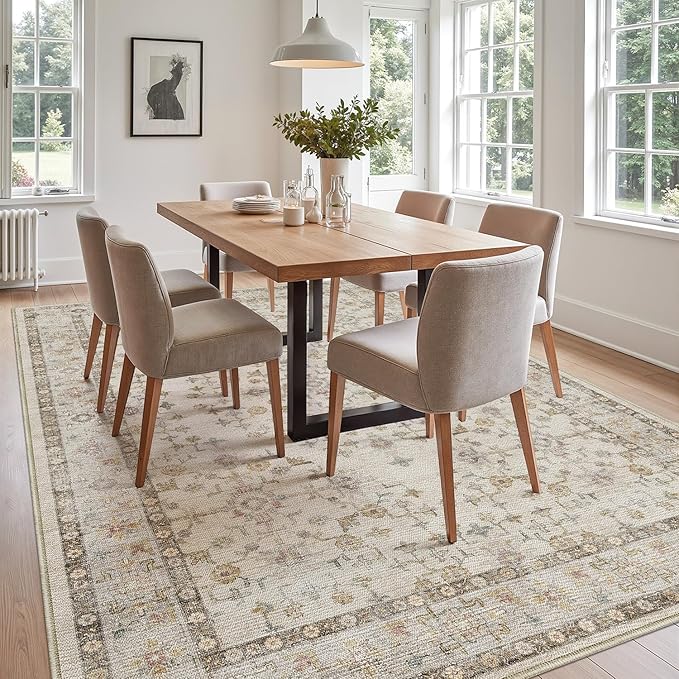 DEXI Area Rugs for Living Room, 5x8 Washable Low Pile Floral Rug for Bedroom, Non Slip Indoor Carpet for Dining Office Nursery, Ivory