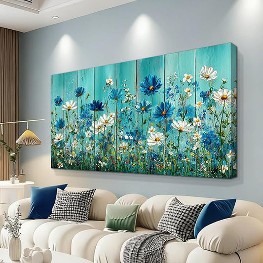 BQVCT Turquoise Blue and White Daisy Wall Art 20x40 Inch Large Gallery Wrapped Canvas Print Modern Floral Painting on Faux Wood Texture Ready to Hang for Living Room Bedroom Office Decor