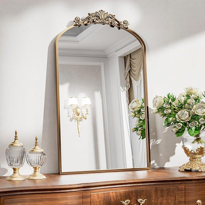Dewfig Antique Arched Wall Mirror, 24"x36" Vintage Bronze Bathroom Mirror - Baroque Metal Frame Brass Mirror for Living Room, Bathroom, Fireplace, Entryway, Bronze