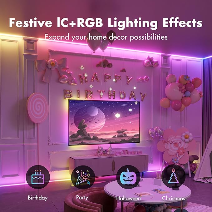 Led Lights for Bedroom 32.8FT Smart IC+RGB, Music Sync Color Changing Strip Lights, 24Key Remote+App Control Light Strip for BedHead,Underbed,Ceiling,Background Wall