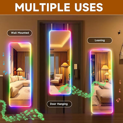 Hasipu 51"x18" LED RGB Door Mirror Full Length with Bluetooth Speaker, Full Body Full Length Over The Door Mirror with Lights, Door Hanging & Wall Mounted Mirror for Bedroom, Living Room, Cloakroom