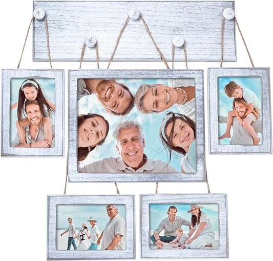 Collage Picture Frames Set of 5 for Wall – Rustic White Farmhouse Gallery Wall Frames with HD Plexiglass, Includes 4x6 & 8x10 Photo Frames, Vintage Wall Decor for Living Room, Bedroom & Home