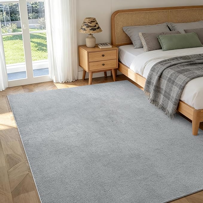 FinRèc 4x6 Washable Area Rugs for Bedroom Living Room, Low Pile Thin Rug Solid Color, Non-Slip Carpet Indoor for Home Decor (Pure Light Grey)