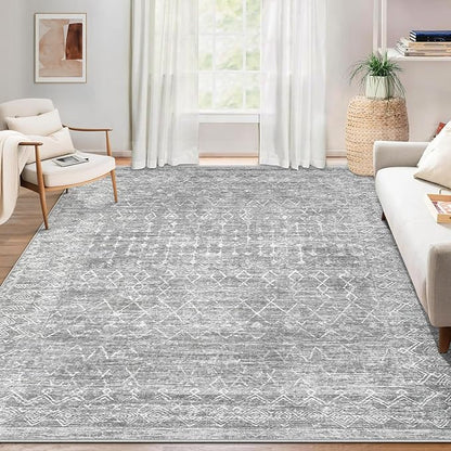 Area Rug Living Room Rugs 5x7 - Large Soft Boho Geometric Rugs, Non-Slip Foldable Washable Area Rug Non Shedding Morden Indoor Floor Carpet for Living Bedroom Office Dining Room (Moroccan Grey, 5'x7')