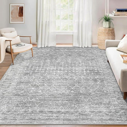 Area Rug Living Room Rugs 5x7 - Large Soft Boho Geometric Rugs, Non-Slip Foldable Washable Area Rug Non Shedding Morden Indoor Floor Carpet for Living Bedroom Office Dining Room (Moroccan Grey, 5'x7')