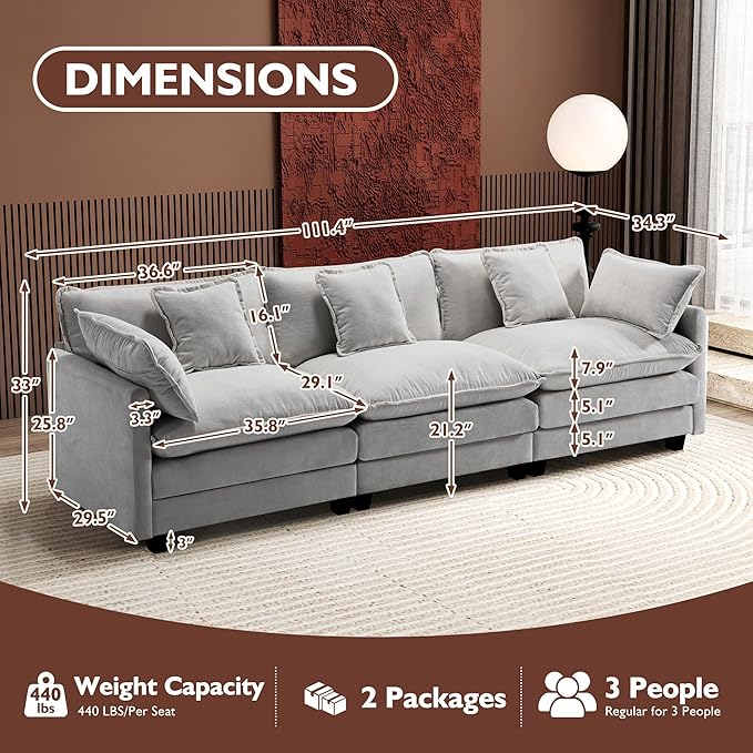 Ihanherry 111.4 Inch 3-Seater Cloud Sofa, Modular Sectional Couch, Modern Deep Seat Sofa for Living Room, Comfy Double Layer Upholstered Seat Cushion, Breathable Chenille Fabric, Grey