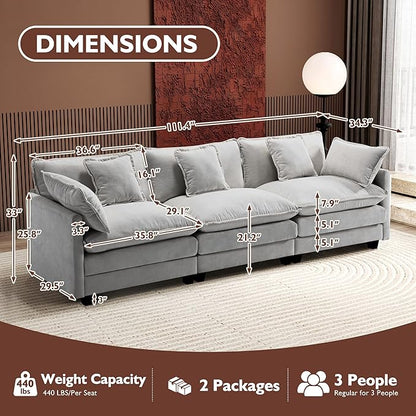 Ihanherry 111.4 Inch 3-Seater Cloud Sofa, Modular Sectional Couch, Modern Deep Seat Sofa for Living Room, Comfy Double Layer Upholstered Seat Cushion, Breathable Chenille Fabric, Grey
