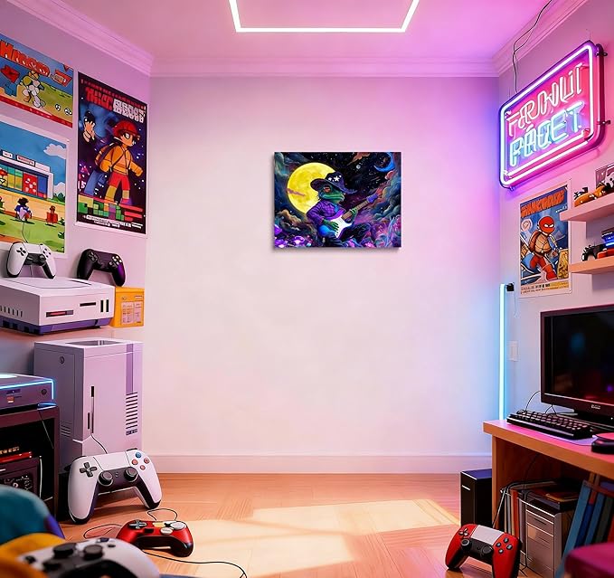12x16 Trippy Space Purple Frog Canvas Wall Art, Watercolor Framed Outer Funny Guitar Player Kids Sci-fic Room Decor Teen Boy Bedroom Cool Posters Children Home Prints Painting for Living Room Bathroom