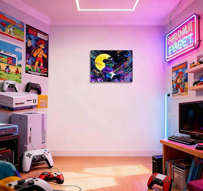 12x16 Trippy Space Purple Frog Canvas Wall Art, Watercolor Framed Outer Funny Guitar Player Kids Sci-fic Room Decor Teen Boy Bedroom Cool Posters Children Home Prints Painting for Living Room Bathroom