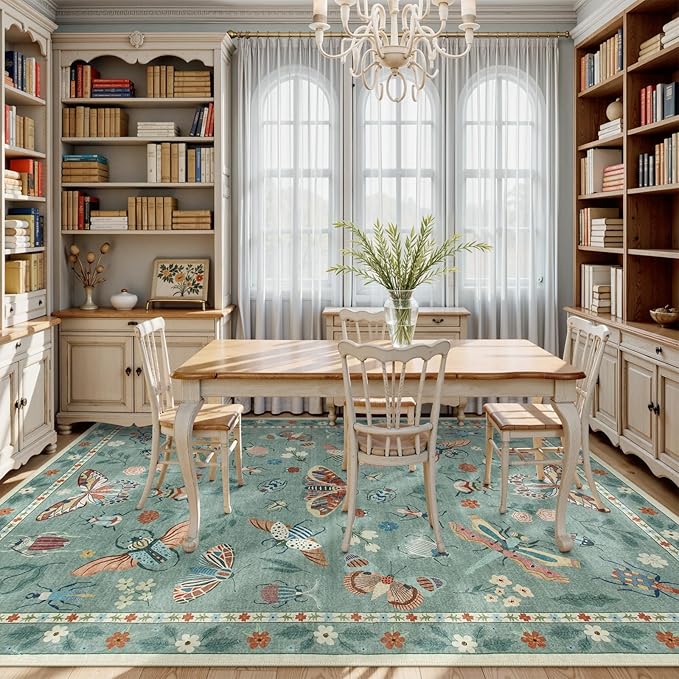 Lahome Insect 8x10 Area Rugs, Soft Washable Rugs 8x10 Living Room Green Rugs for Bedroom Dining Room, Ultra-Thin Modern Rug Stain Resistant Large Carpet for Nursery Vionnet(8'x10',Green)