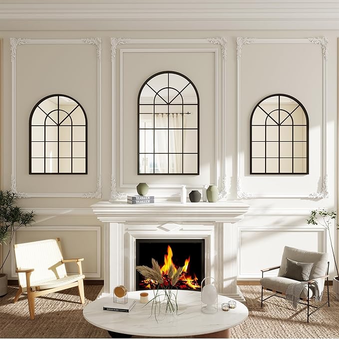 Arched Window Wall Mounted Mirror, 42"x24", Arched Window Pane Mirror Decorative for Entryway, Wall Decor Mirror for Bathroom Vanity, Living Room or Bedroom, Iron Frame, Black