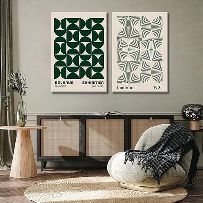 2Pcs Bauhaus Mid Century Modern Wall Art Retro Exhibition Posters Prints Green Boho Geometric Abstract Minimalist Wall Decor Pictures for Bedroom iving Room Dining Room Framed (Green, 16x24in Framed)