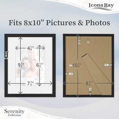 Icona Bay 8x10 Picture Frames w/Removable Mat for 5x7 Photos (Black, 10 Pack), Sleek Modern Style Frames, Table Top or Wall Mount, Serenity Collection