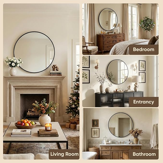 Antok 20 Inch 2PCS Round Mirror for Wall, Round Bathroom Mirror, Circle Wall Mirrors with Black Metal Frame, Circle Mirrors Suitable for Wall, Bathroom, Vanity, Living Room, Entryway