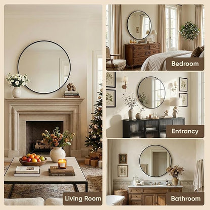 Antok 30 Inch Round Mirror for Wall, Round Bathroom Mirror, Circle Wall Mirrors with Black Metal Frame, Circle Mirrors Suitable for Wall, Bathroom, Vanity, Living Room, Entryway