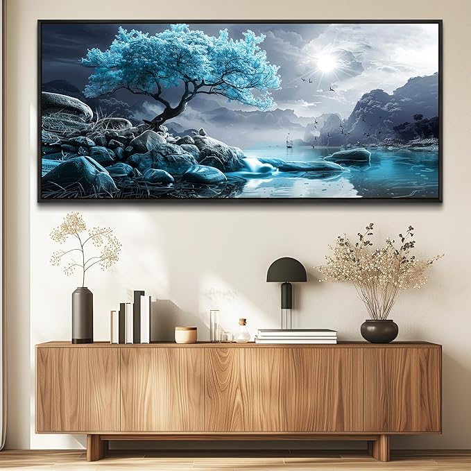 KELIYUAN Large Canvas Wall Decor Bedroom Blue Tree Landscape Wall Paintings Wall Art For Living Room Black And White Pictures Office Mural Framed Prints Artwork Modern Home Decor Aesthetics 32"X72"