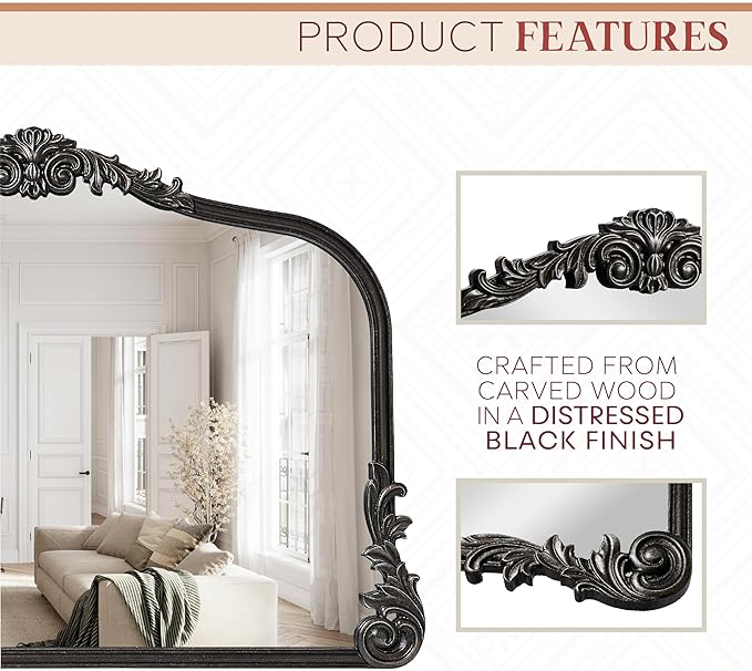 Wylde Iris English Estate Carved Arch Wood Wall Mirror, Mirror for Entryway, Living Room, Bathroom, Distressed Black, 26x37