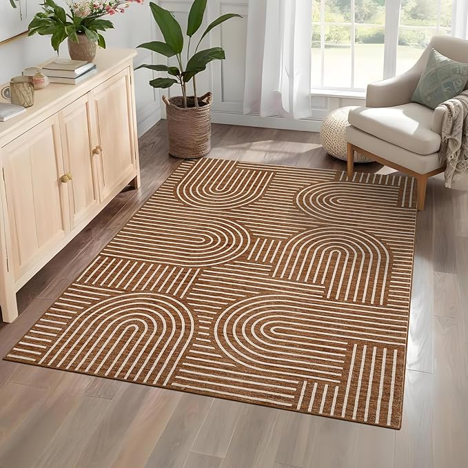 ROYHOME Washable Rug 3x5 Area Rugs for Living Room, Abstract Rug for Bedroom, Soft Rainbow Non Slip Throw Rugs with Rubber Back, Low Pile Stain Resistant Boho Geometric Carpet for Dining Room, Copper