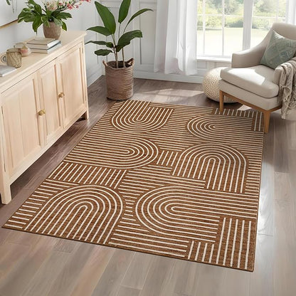 ROYHOME Washable Rug 4x6 Area Rugs for Living Room, Abstract Rug for Bedroom, Soft Rainbow Non Slip Throw Rugs with Rubber Back, Low Pile Stain Resistant Boho Geometric Carpet for Dining Room, Copper