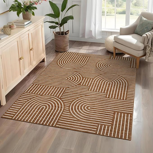 ROYHOME Washable Rug 4x6 Area Rugs for Living Room, Abstract Rug for Bedroom, Soft Rainbow Non Slip Throw Rugs with Rubber Back, Low Pile Stain Resistant Boho Geometric Carpet for Dining Room, Copper