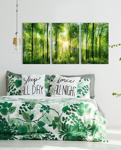 Green Forest Canvas Wall Art: Large Nature Wall Art Tree Pictures Sunrise Landsapce Art Framed Scenery Wall Mural Painting Wall Decor for Bedroom Living Room Office(3 Panel,16 x 24 Inch)