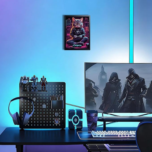Framed Gamer Cat Canvas Wall Art, Kitten Playing Video Game Wall Decor, Cool Controller Neon Oil Painting, Boys Bedroom Gaming Room Canvas Print Poster 8x10 Inch