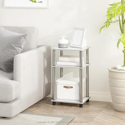 Furinno JUST Side Table Set of 2, 3-Tier Modern End Tables, Open Shelves Night Stand, Nightstand Set, Toolless Assembly, for Living Room, Bedroom, White Oak/Stainless Steel