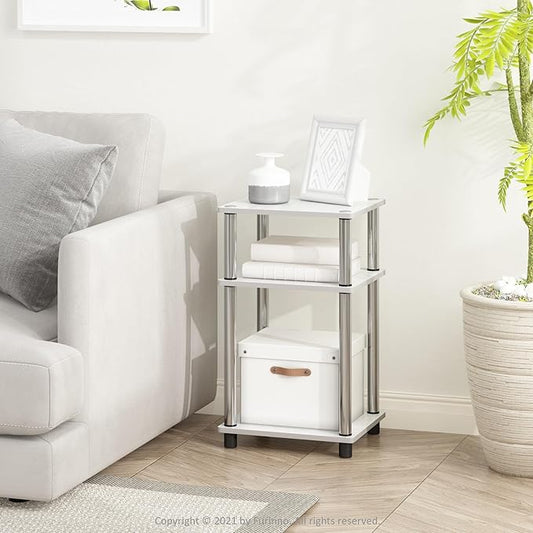 Furinno JUST Side Table Set of 2, 3-Tier Modern End Tables, Open Shelves Night Stand, Nightstand Set, Toolless Assembly, for Living Room, Bedroom, White Oak/Stainless Steel