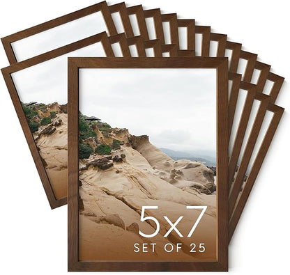 HAUS AND HUES 5x7 Walnut Oak Wood Photo Frame Set of 25 - Mini Picture Frames Bulk Gallery Set - Premium Bulk Picture Frames 5x7 for Stylish Photo Gallery Wall Frame Set