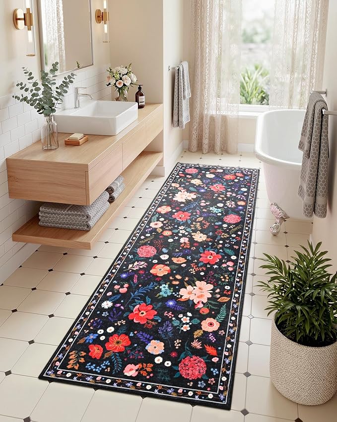 Macgace 2.5x8 Floral Runner Rug, Flowers Printed Washable Rugs with Non Slip Backing for Girls Bedroom Kitchen Hallway,Cute Carpet Runners Home Aesthetic Decor, Black