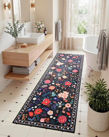 Macgace 2.5x8 Floral Runner Rug, Flowers Printed Washable Rugs with Non Slip Backing for Girls Bedroom Kitchen Hallway,Cute Carpet Runners Home Aesthetic Decor, Black