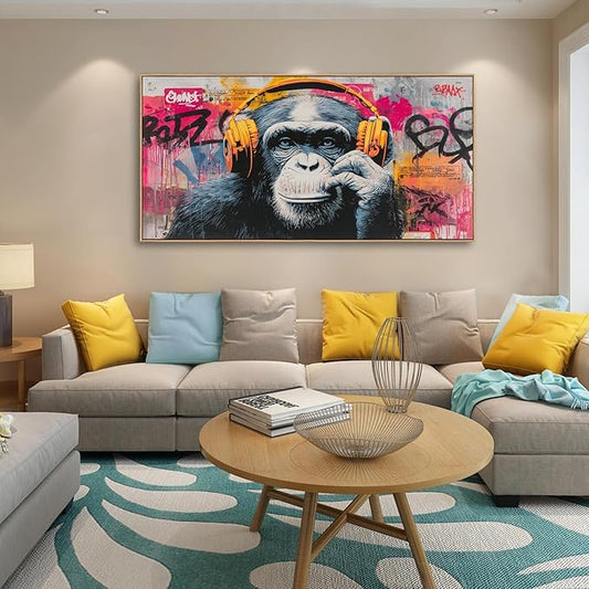 Sorbrozo Colorful Gorilla Wall Art With Headphones Animal Canvas Painting Music DJ Street Graffiti Art Print Boy Bedroom Wall decoration 20X40in