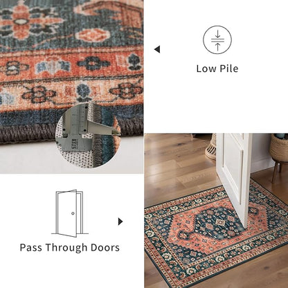 Tangsoo Vintage 2x6 Washable Runner Rug for Hallways,Non-Slip Kitchen Rug Runner,Boho Oriental Low Pile Soft Long Carpet for Entryway Laundry Bedroom Bathroom Beside Red Blue