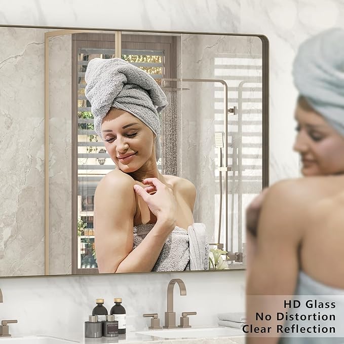 40x30 Bronze Brushed Bathroom Mirror for Wall, Brushed Metal Framed Bathroom Vanity Mirror, Modern Rectangle Mirror, Rounded Corner, Shatterproof, Anti-Rust (Horizontal/Vertical)