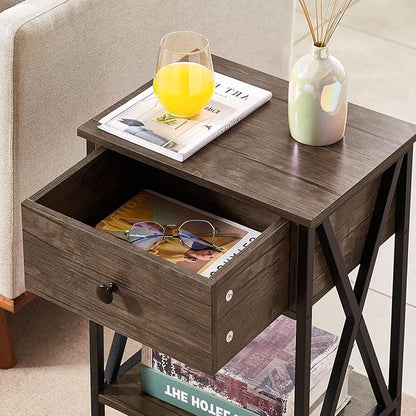 VECELO End Tables, Modern Nightstand with Drawer & Shelf, Night Stand for Bedroom Living Room,Industrial Metal Frame