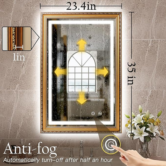 ROLOVE 23x35 Inch Gold Vintage Mirror for Wall Decor, Ornate Baroque Waterproof Frame, Antique Wall Mirror with Lights, Anti-Fog, Plug-in/Hardwired, Rectangle LED Mirror for Bathroom Vanity, Entryway
