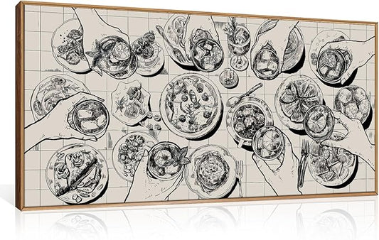 Sketch Food and Drink Framed Canvas Wall Art Set,Retro Pizza Cheers Friends Party Wall Decor,Black and White Overhead View of Gathering Artwork for Kitchen Dining Room Restaurant Decor-20" x40"