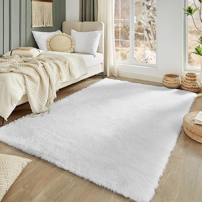 Floralux 5x7 Area Rugs for Living Room, White Shag Rug for Bedroom, Ultra Soft High-Pile Plush Indoor Carpets for Living Room, Playroom, Nursery