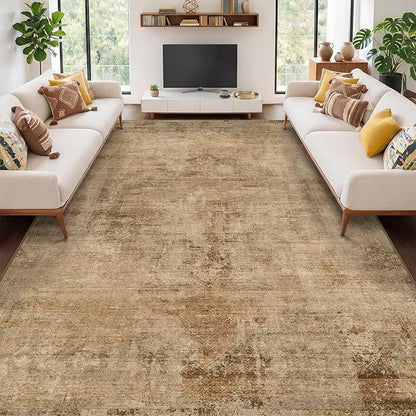 Hazo Haus Large Gold Brown Area Rug for Living Room Table – Rustic Farmhouse 10x14 Extra Large Washable Rug for Dining Room, Bedroom Under Bed, Non-Slip with Rubber Backing & Stain Resistant